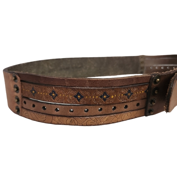 Levis Womens Sz L Brown Leather Belt Embossed Boho Tooled Floral Pattern main image 8